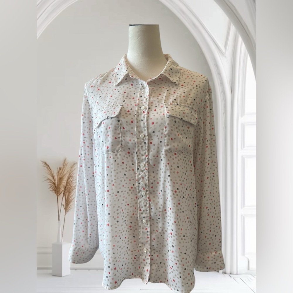 Investments Gray red white Button Down Blouse with Notched Collar